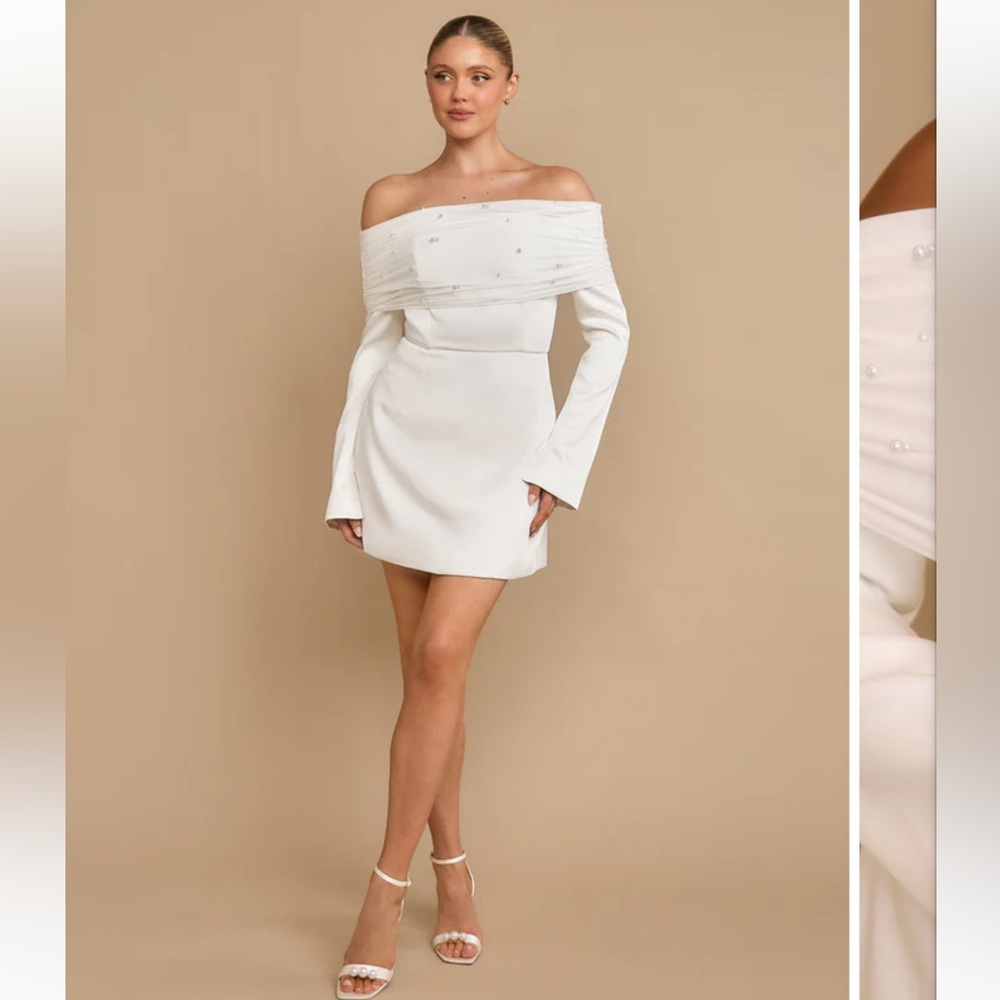 Pearl Trim Bardot Mini Dress - White